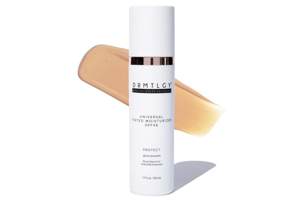 DRMTLGY Universal Tinted Moisturizer SPF 46 – Hydrating Dewy Tinted Sunscreen for Face with Zinc Oxide & Octinoxate – Niacinamide & Hyaluronic Acid – Broad Spectrum Lightweight Daily SPF, 1.7 oz Credit: Amazon