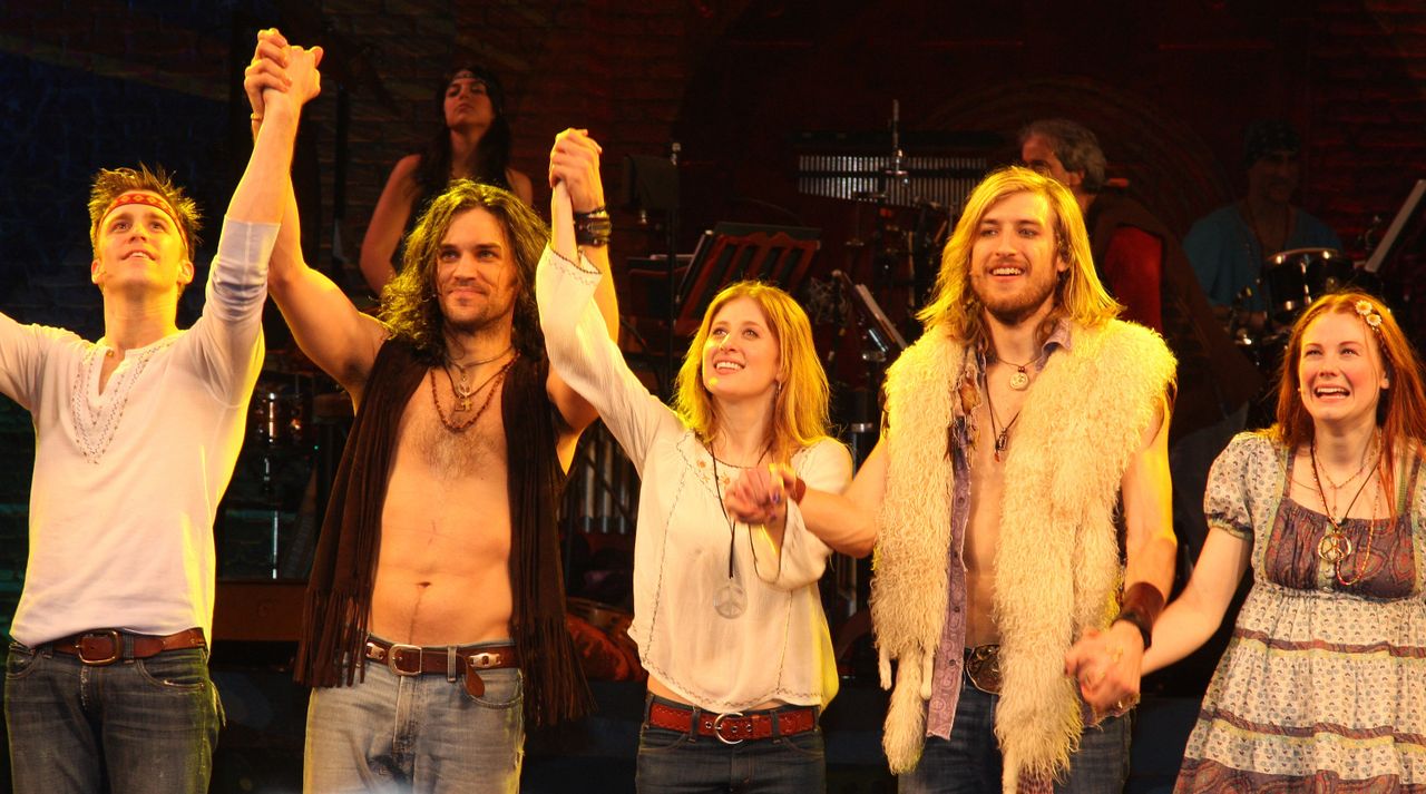 Gavin Creel, Will Swenson, Caissie Levy, Bryce Ryness and Allison Case take a bow on opening night of Broadway's 'Hair' on March 31, 2009 in New York CityCredit: Bruce Glikas/FilmMagic