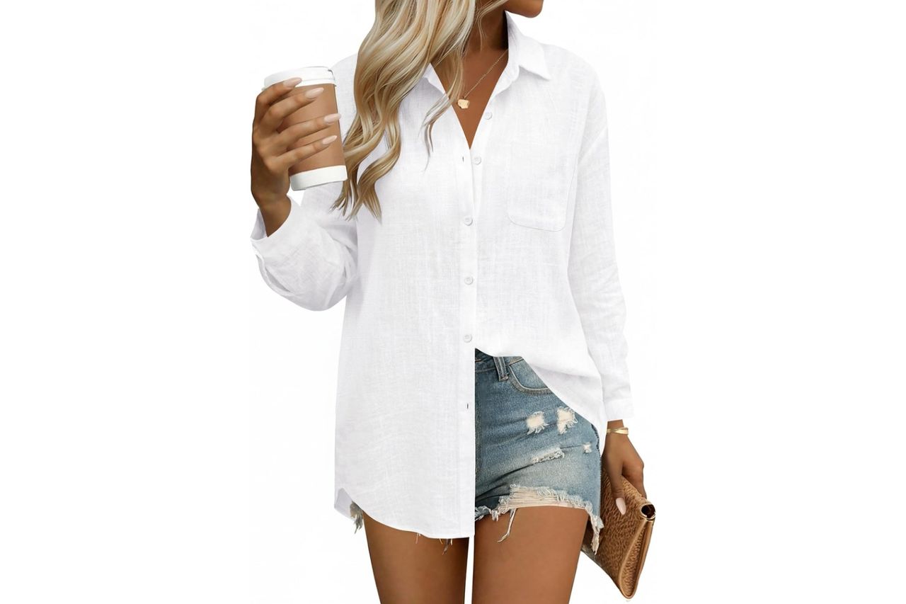 Amazon HOTOUCH Womens Button Down Shirts Linen Cotton Long Sleeve Blouses Credit: Amazon