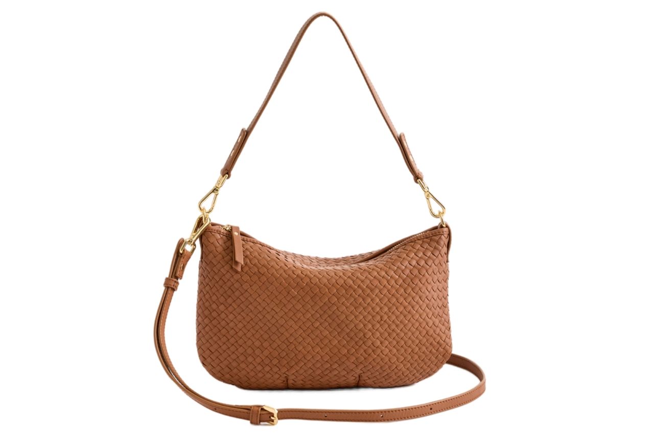 Italian Handwoven Leather Mini Shoulder Bag in Cognac Credit: Quince