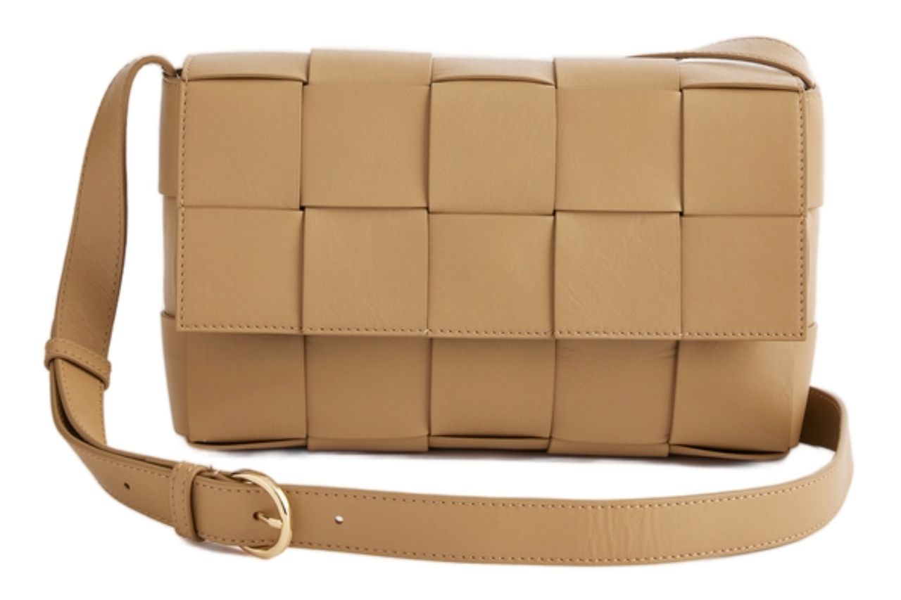 Italian Leather Handwoven Flap Crossbody in Golden Tan Credit: Quince