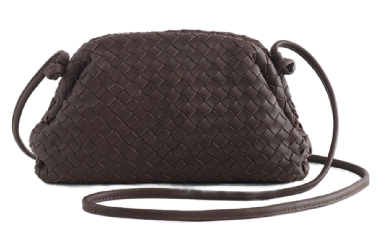 Italian Leather Handwoven Pouch Crossbody Clutch in Dark Brown Credit: Quince