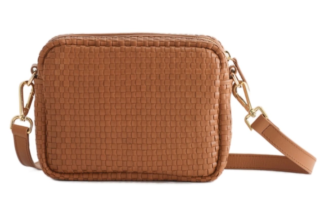 Italian Leather Woven Camera Crossbody in Cognac Credit: Quince