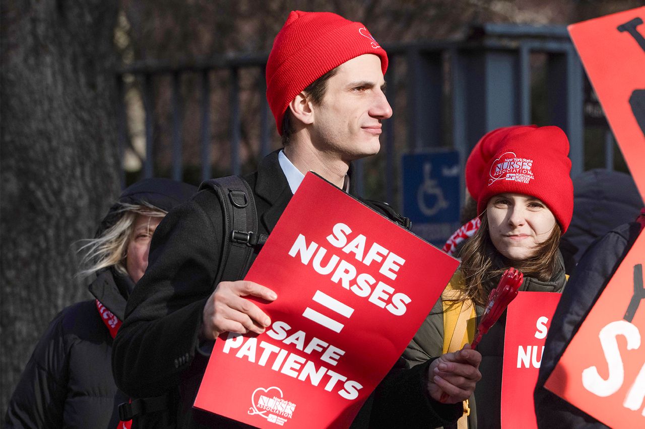 Jack Schlossberg, grandson of former President John. F Kennedy who is currently running for Congress, joins the picket line to march with nurses on strike outside Mount Sinai West on January 12, 2026 in New York City. Jack Schlossberg at a nurse's strike outside Mount Sinai West on Jan. 12, 2026Credit: Edna Leshowitz/Getty
