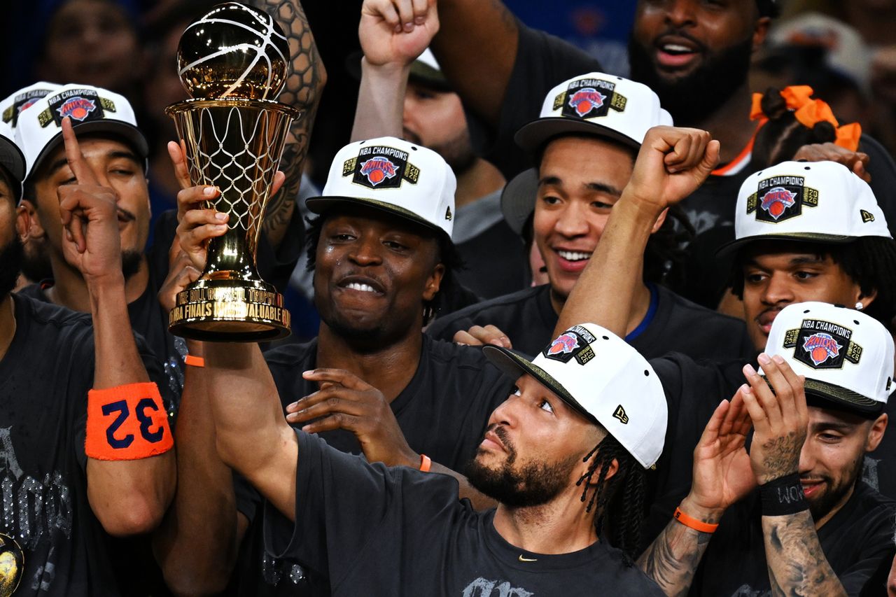 Jalen Brunson front of New York Knicks holds the MVP trophy during the awarding ceremony after the final game 5 between New York Knicks and San Antonio Spurs at the 2025-2026 NBA basketball game New York Knicks holds the MVP trophy during the awarding ceremony after the final gameCredit: Wu Xiaoling/Xinhua via Getty