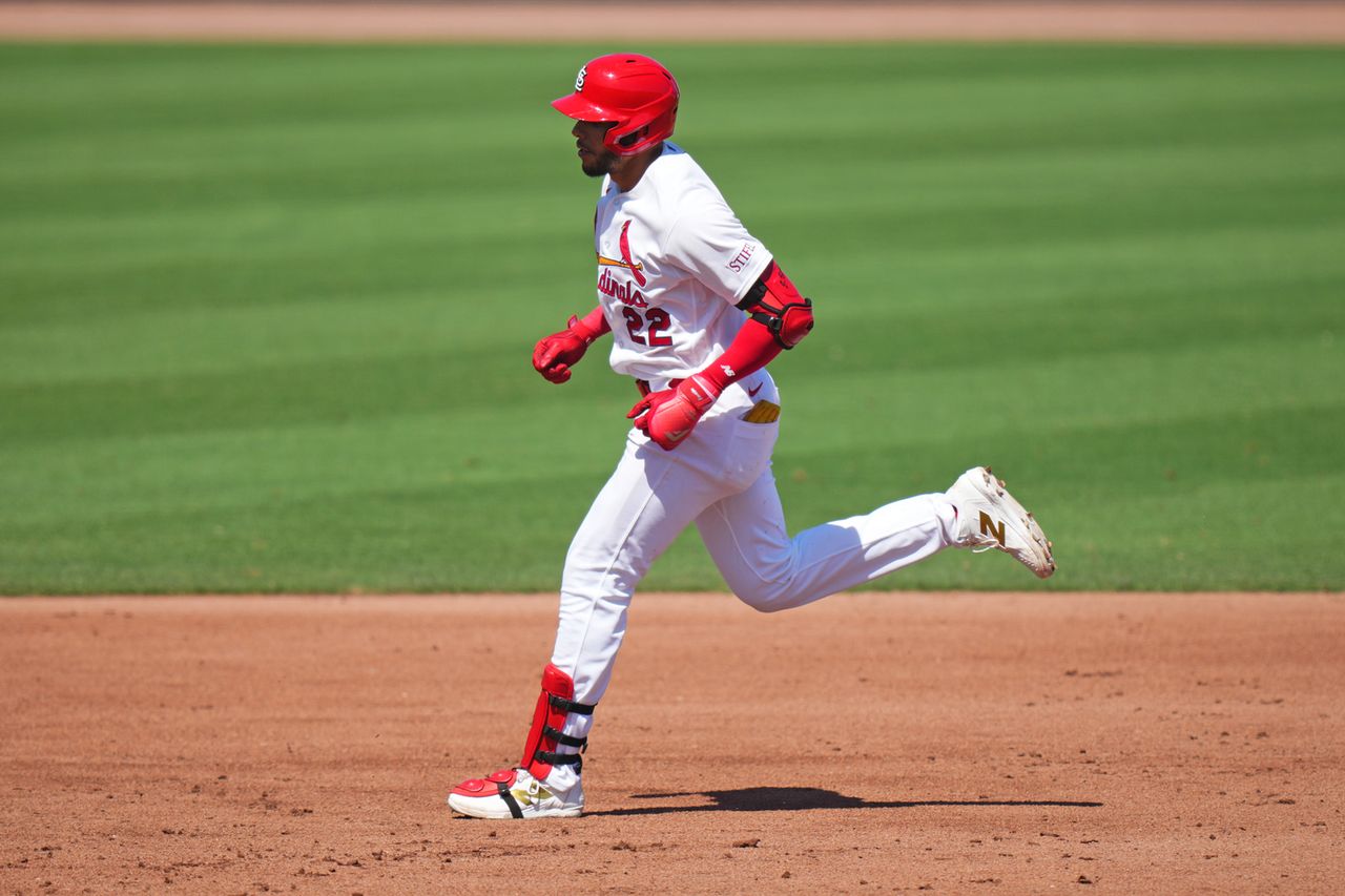 Joshua Baez #22 of the St. Louis Cardinals rounds the bases after hitting a home run during a spring training game against the Baltimore Orioles at Roger Dean Stadium on March 09, 2026 in Jupiter, Florida. Joshua BáezCredit: Rich Storry/Getty