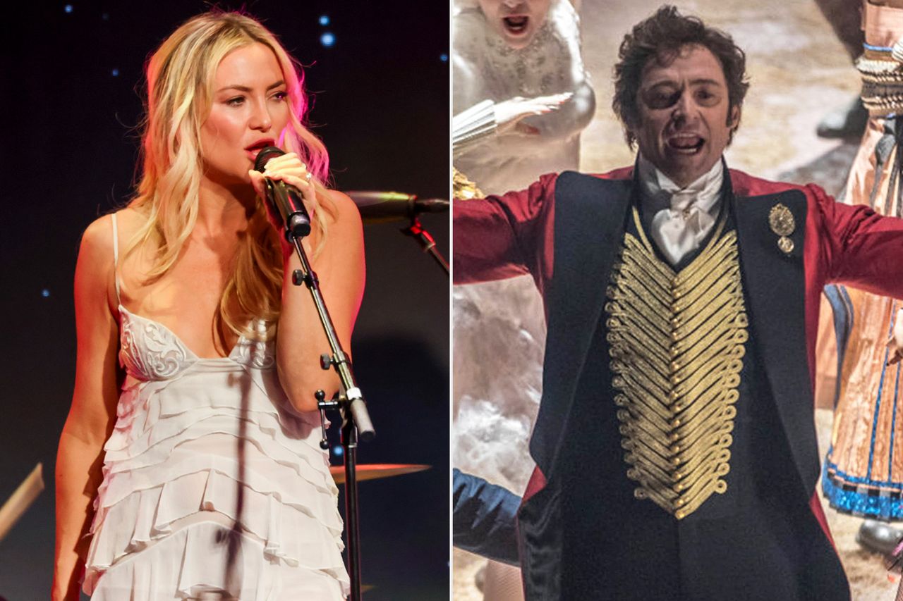 Kate Hudson performs onstage on March 14, 2024 in Beverly Hills, California ; Hugh Jackman in 'The Greatest Showman'Credit: Mark Von Holden/Variety via Getty; Moviestore/Shutterstock
