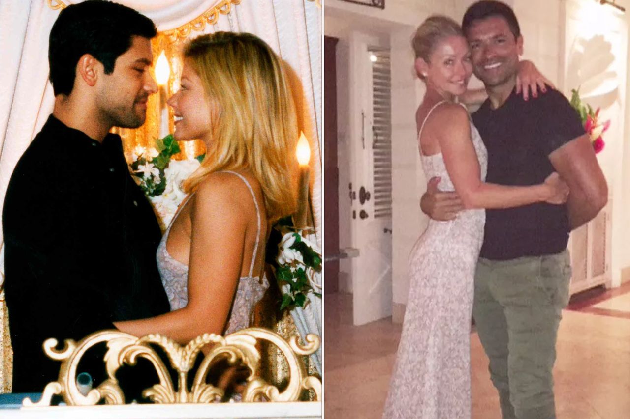 Mark Consuelos and Kelly Ripa during their elopement in Las Vegas on May 1, 1996; Kelly Ripa and Mark Consuelos celebrate their 20th wedding anniversary in 2016Credit: Courtesy: Kelly Ripa/Instagram; ABC