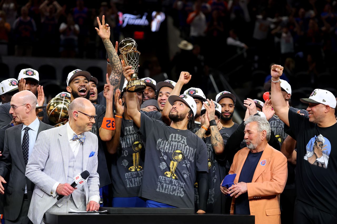 Jalen Brunson and the Knicks celebrate their 2026 NBA Finals win on June 13, 2026Credit: Gregory Shamus/Getty