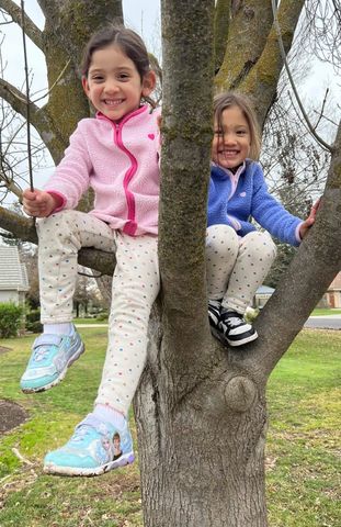 Two children sitting on a tree branch outdoors smiling Nyah and Naomi LeonCredit: GoFundMe