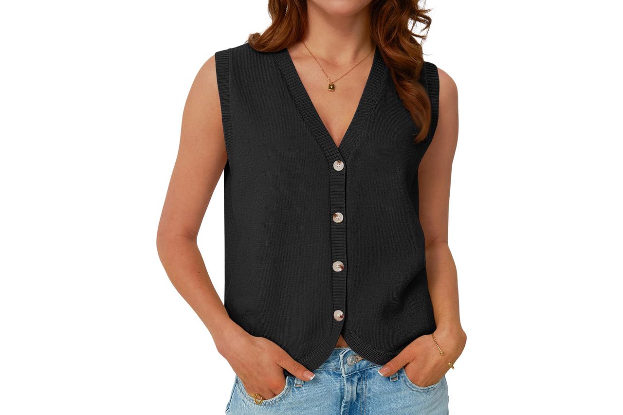 LILLUSORY Womens V Neck Button Down Sweater Vest Credit: Amazon