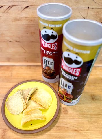 New Pringles FlavorsNew Pringles Flavors, Beer Cheese Burger, Beer-Braised Steak Tasting the two Pringles and Miller Lite flavorsCredit: Stacy Lambe