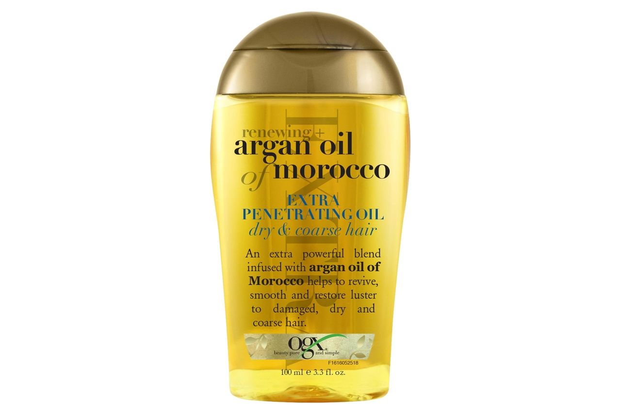 OGX Renewing + Argan Oil of Morocco Hair Oil, Extra Strength Penetrating Serum Treatment for Dry, Damaged, Frizzy, Curly & Coarse Hair, Cold-Pressed Argan Oil, Shine, 3.3 Fl Oz Credit: Amazon