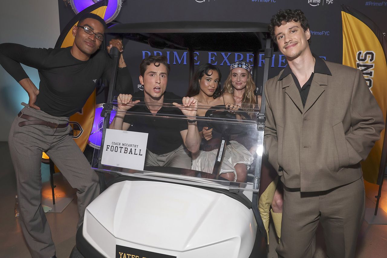 'Overcompensating' costars (from left) Owen Thiele, Benito Skinner, Wally Baram, Mary Beth Barone and Adam DiMarco in May 2025.Credit: Todd Williamson/January Images