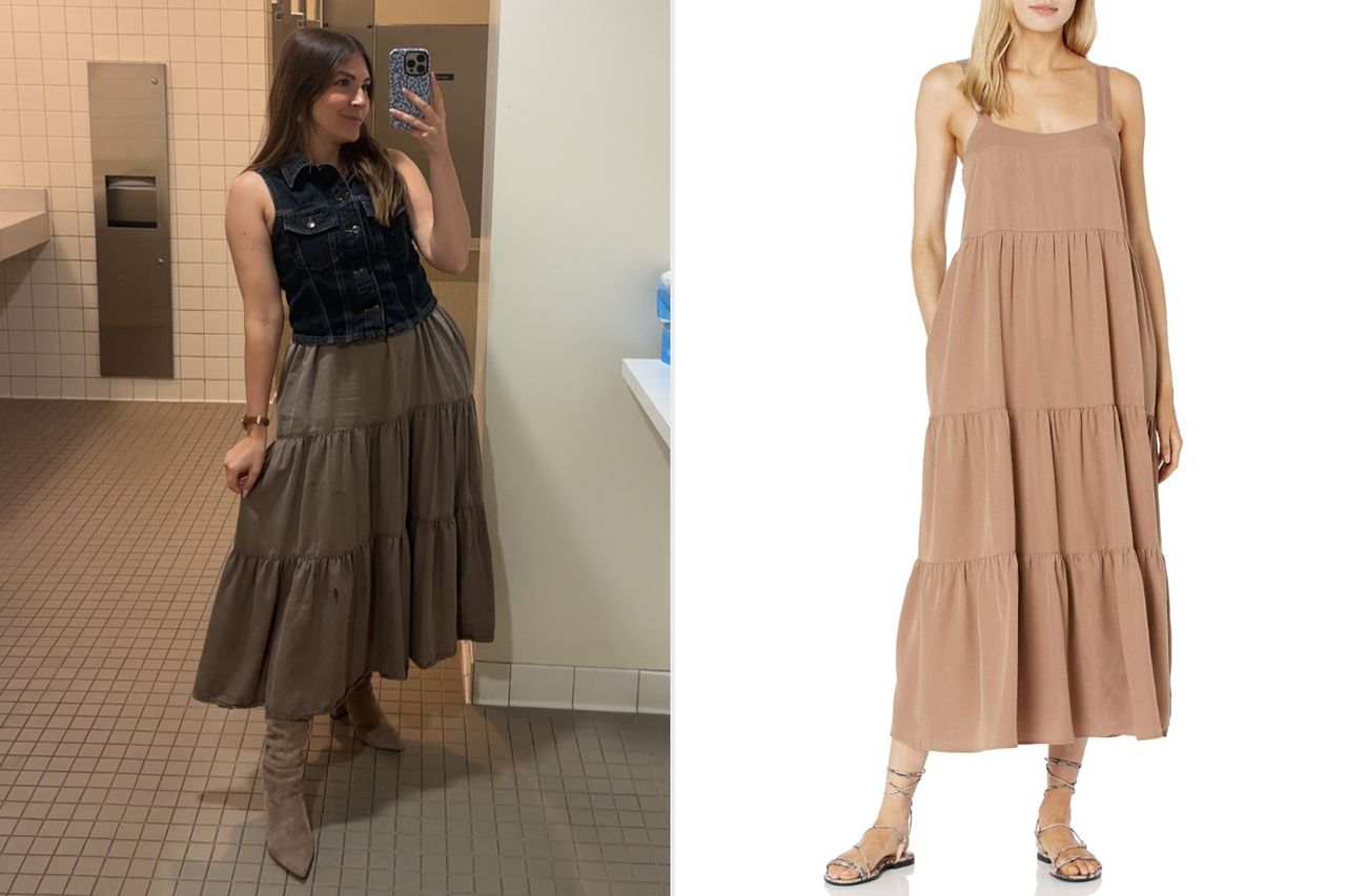 A split image comparing a woman in a bathroom wearing a sleeveless dress and tall boots to a model wearing the dress with sandals Credit: People; Amazon