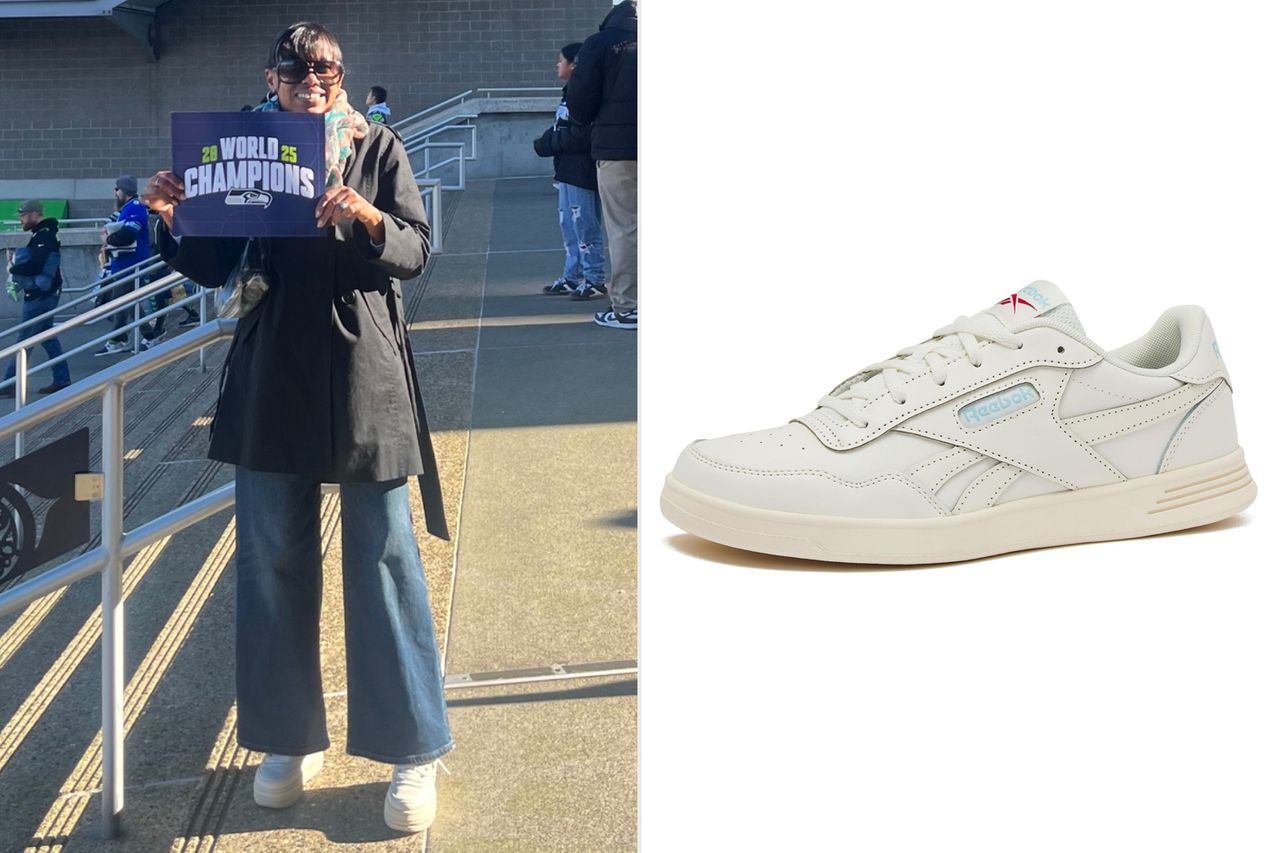 A person outdoors holding a World Champions sign next to an image of a white Reebok sneaker Credit: People; Amazon