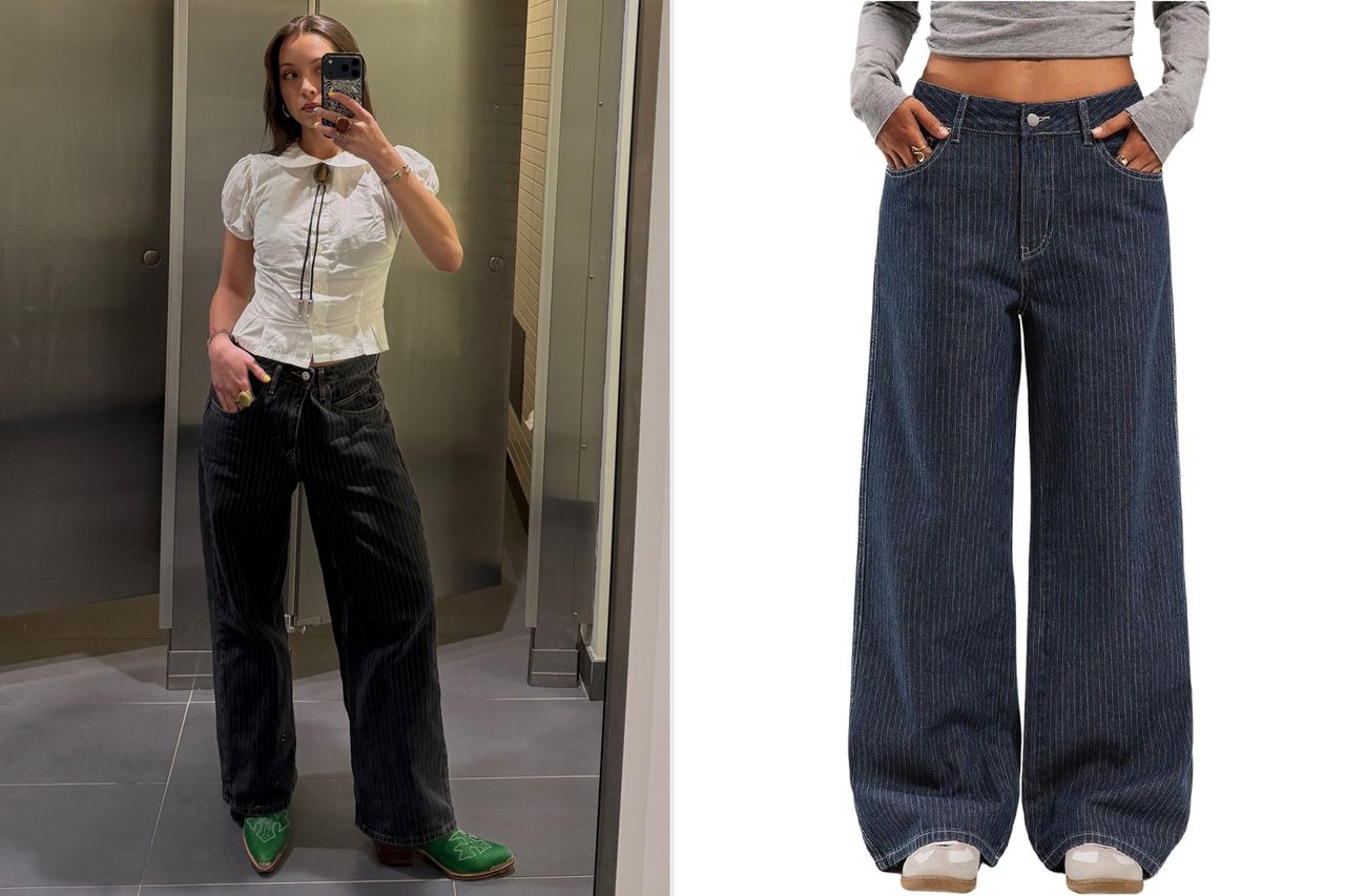 A person taking a mirror selfie wearing a white shirt and black pants on the left and baggy dark pinstripe pants worn with a cropped gray top on the right in a comparison format Credit: People; Amazon