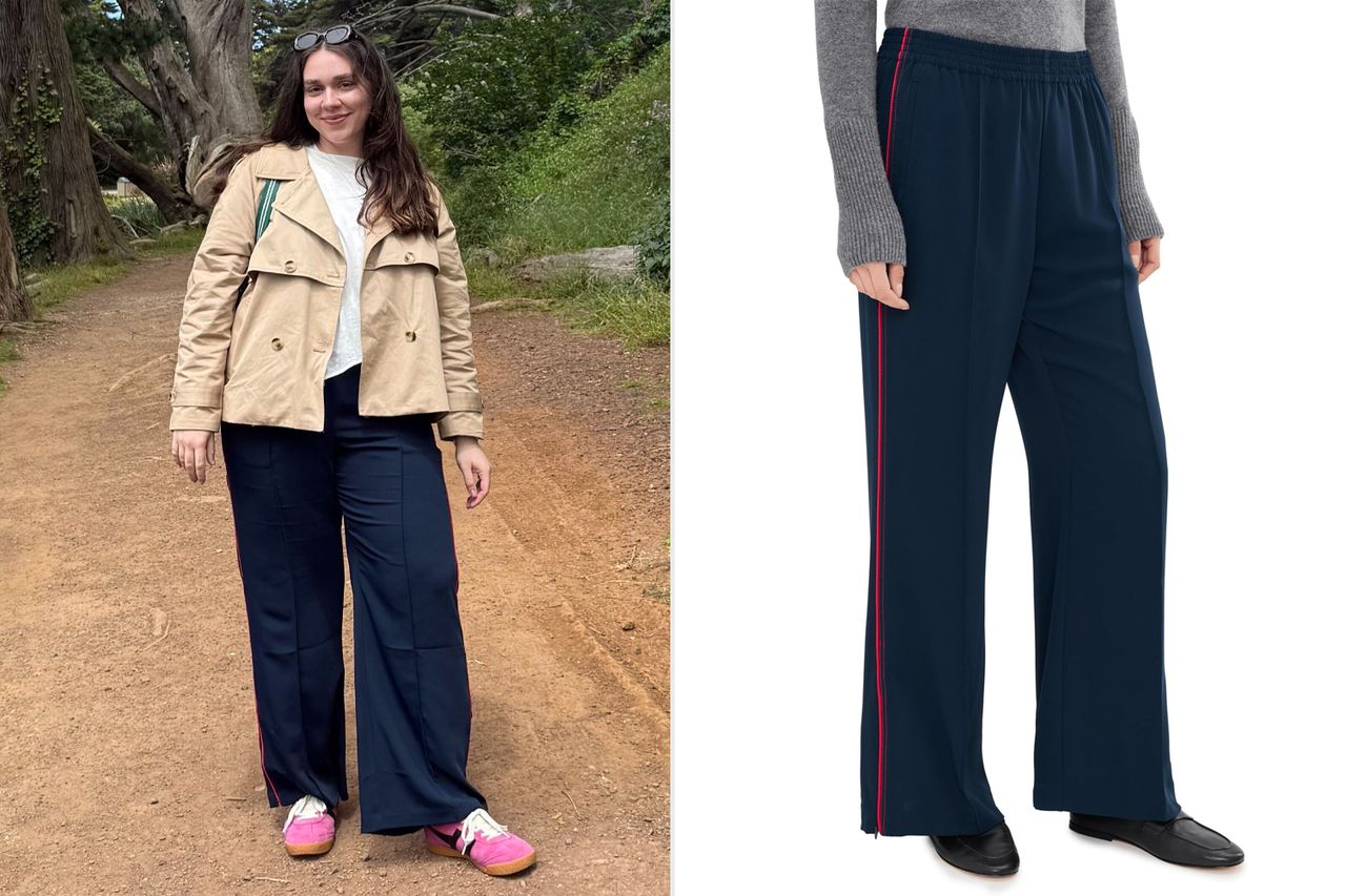 Person outdoors wearing trousers next to a closeup of the trousers displayed separately Credit: People; Amazon