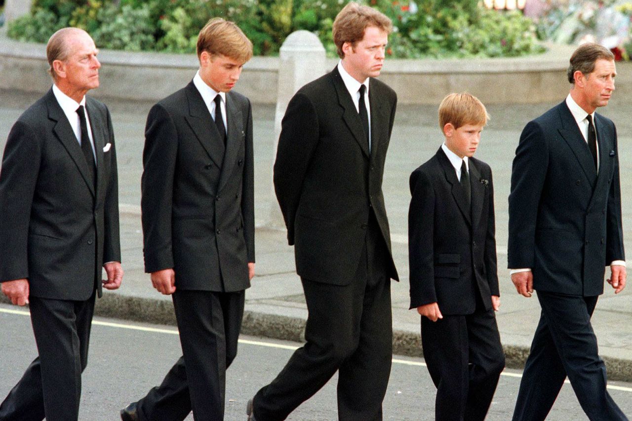 Left to right: The Duke of Edinburgh, Prince William, Earl Spencer, Prince Harry and Prince Charles walk outside Westminster Abbey during the funeral service for Diana, Princess of Wales, 06 September. Hundreds of thousands of mourners lined the streets of central London to watch the funeral procession. The Princess died last week in a car crash in Paris. Prince Philip, Prince William, Charles Spencer, Prince Harry and Prince Charles during the funeral procession of Princess Diana on Sept. 6, 1997Credit: JEFF J. MITCHELL/AFP via Getty