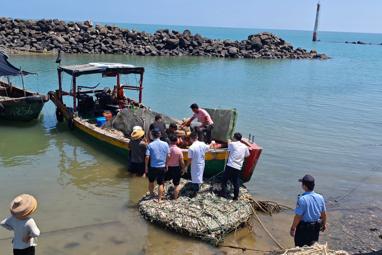 Villagers and rescuers bring Qin Jianping ashore at the coast of Chengmai County, south China's Hainan Province, June 2, 2026. TO GO WITH Villagers and rescuers bringing Qin Jianping ashore at south China's Hainan Province, June 2, 2026Credit: Xinhua/Shutterstock