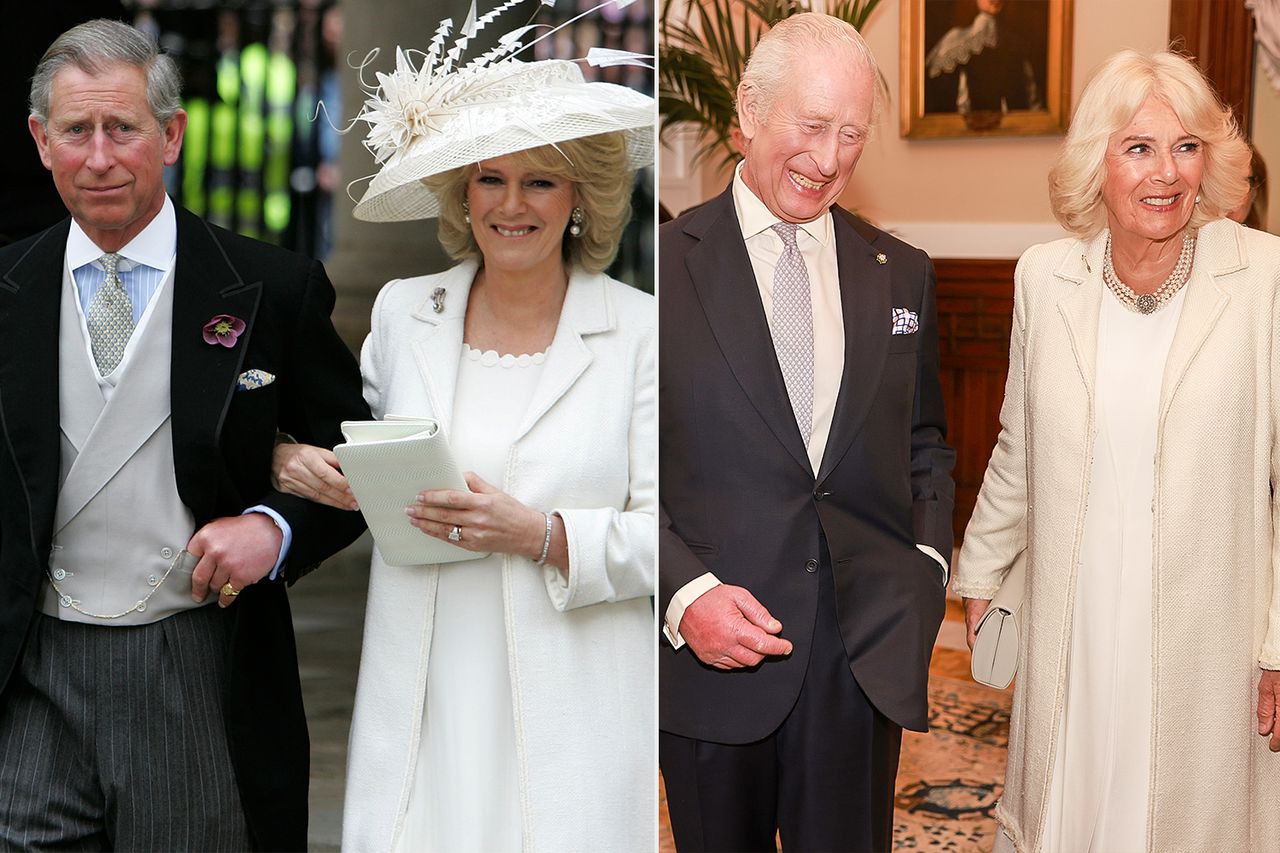 King Charles III and Queen Camilla during their civil ceremony at the Windsor Guildhall on April 9, 2005; King Charles III and Queen Camilla during a state visit to Rome, Italy, on April 9, 2025Credit: Georges De Keerle/Getty; Ian Vogler — Pool/Getty