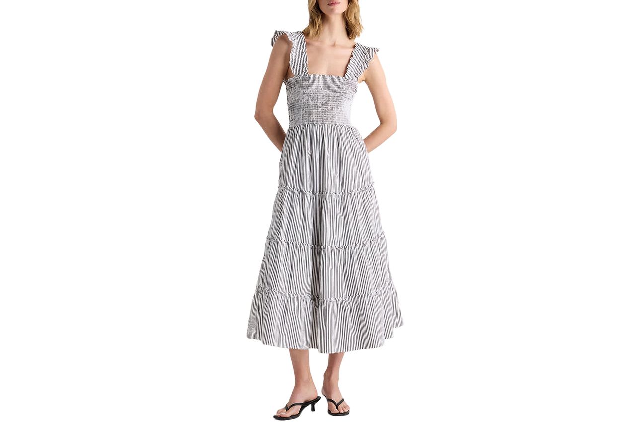 Organic Cotton Poplin Smocked Midi Dress Steel Grey Soho Stripe Credit: Quince