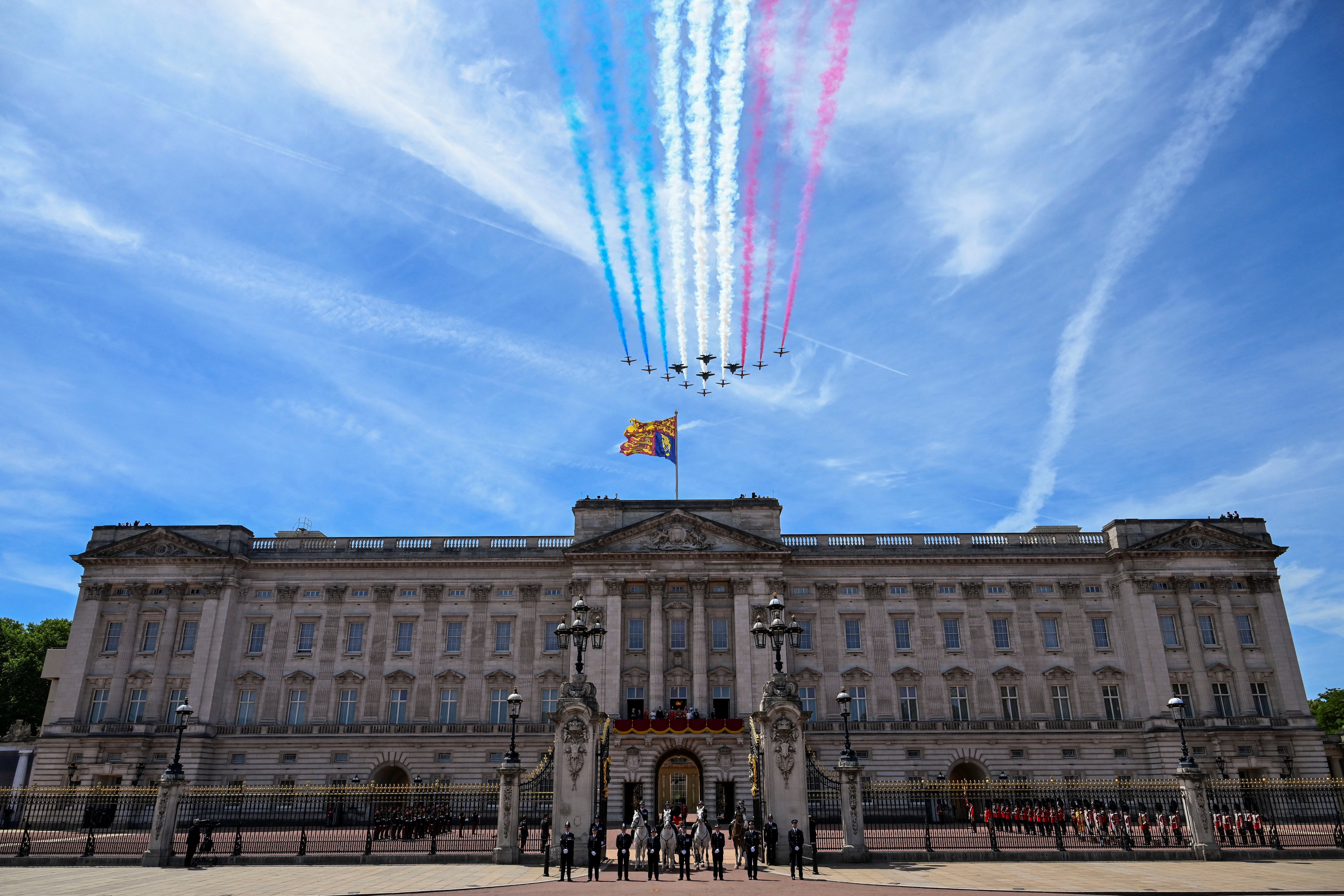 The Red Arrows fly over Buckingham Palace during the Trooping the Colour parade.