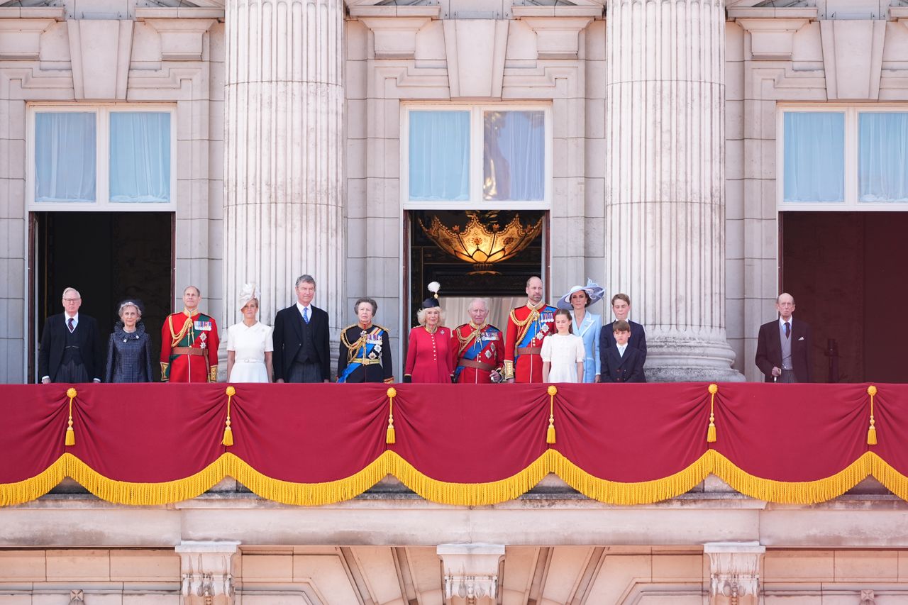 Members of the Royal Family (left to right) the Duke of Gloucester, the Duchess of Gloucester, the Duke of Edinburgh, the Duchess of Edinburgh, Vice Admiral Sir Tim Laurence, the Princess Royal, Queen Camilla, King Charles III, the Prince of Wales, the Princess of Wales, Princess Charlotte, Prince George, Prince Louis and the Duke of Kent on the balcony of Buckingham Palace, London, to view the flypast following, the Trooping the Colour ceremony in central London Prince Richard, Birgitte, the Duchess of Gloucester, Prince Edward, Sophie, the Duchess of Edinburgh, Vice Admiral Sir Timothy Laurence, Princess Anne, Queen Camilla, King Charles, Prince William, Princess Charlotte, Kate Middleton, Prince George, Prince Louis and Prince Edward, the Duke of Kent on the balcony of Buckingham Palace at Trooping the Colour on June 13, 2026.Credit: Aaron Chown/PA Images via Getty