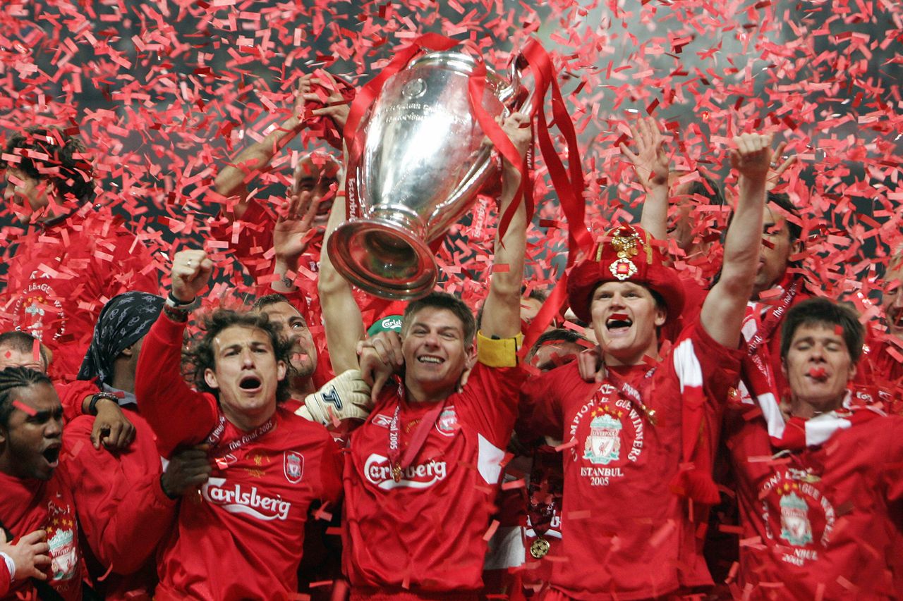 Liverpool's captain Steven Gerrard holds the trophy after winning UEFA Champions league football final on May 25, 2005 in Istanbul.Credit: FILIPPO MONTEFORTE/AFP via Getty