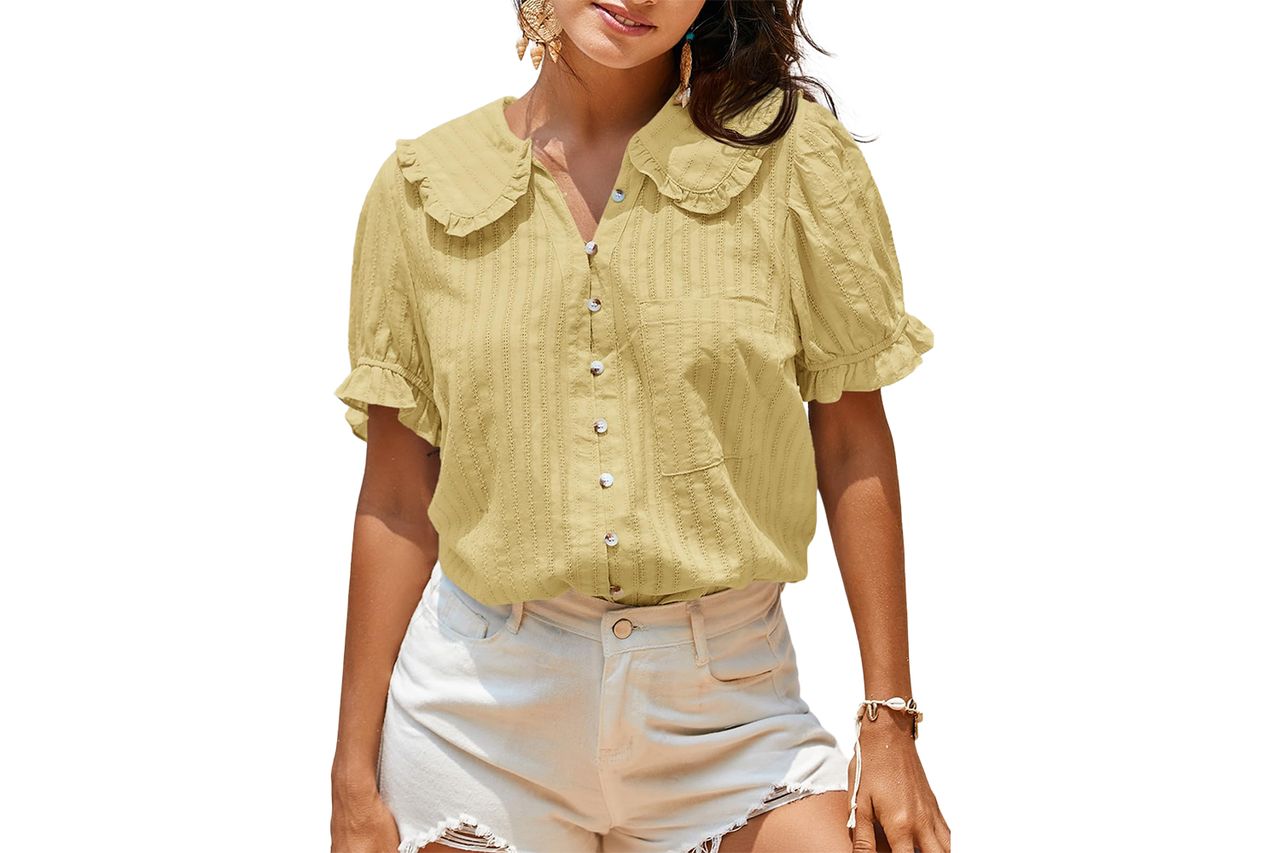 Tankaneo Womens Puff Sleeve Shirts Peter Pan Collar Button Down Cotton Blouse Casual Summer Textured Tops Credit: Amazon
