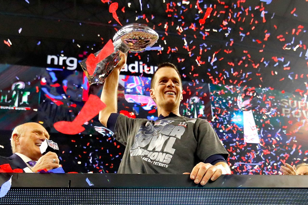 Tom Brady #12 of the New England Patriots celebrates with the Vince Lombardi Trophy after winning Super Bowl 51 on February 5, 2017 in Houston, TexasCredit: Kevin C. Cox/Getty