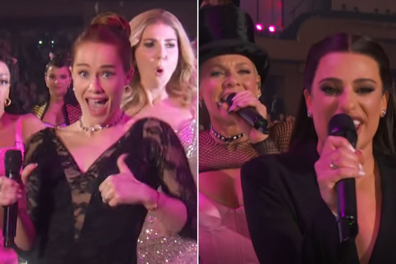 Whitney Leavitt, Pink and Lea Michele during The opening number during the 2026 Tony's Credit: CBS