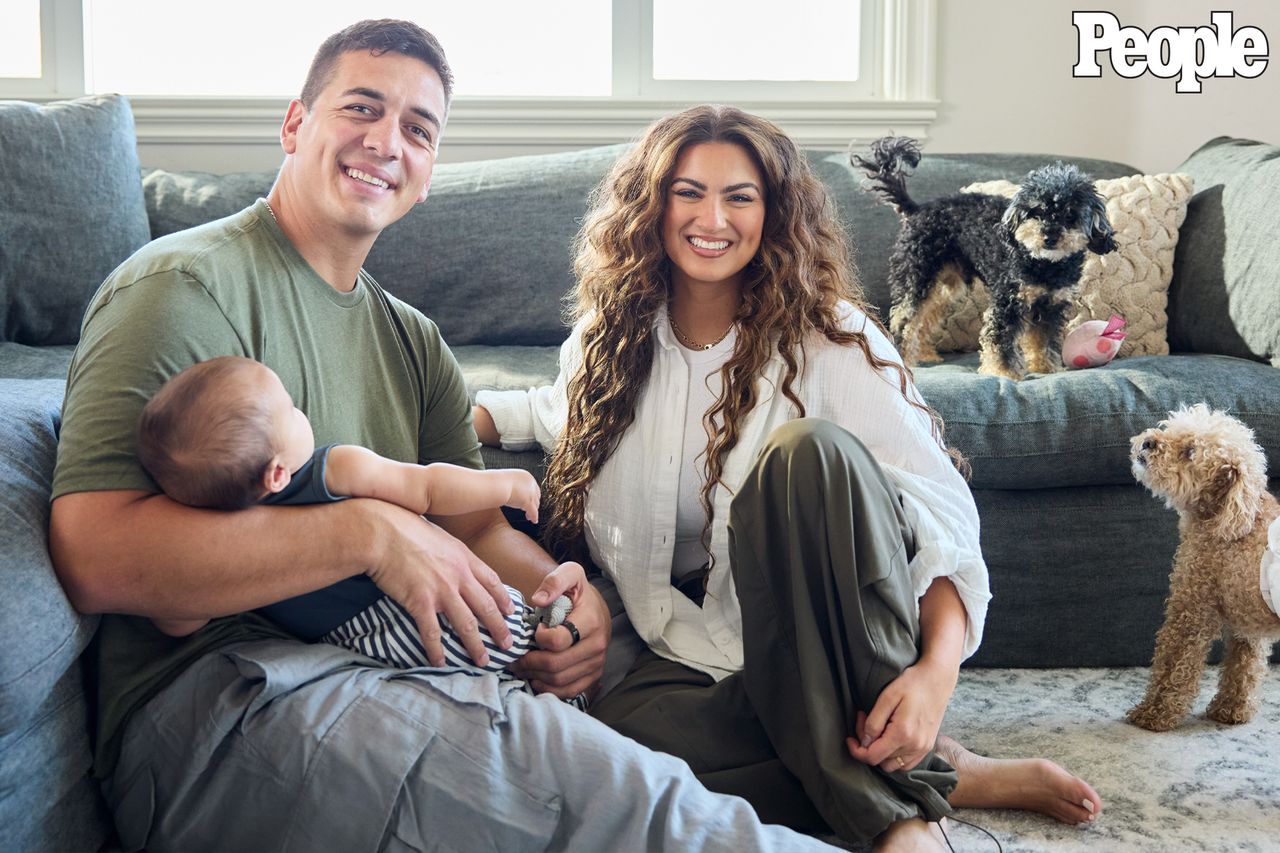 André Murillo and Tori Kelly with their son, Zayden, and dogs Dobby (on couch) and Frodo in May 2026Credit: Amanda Friedman