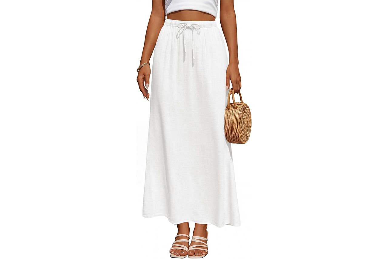 Women's Linen Maxi Skirt Drawstring Back Slit Elastic High Waisted Flowy 2026 Summer White Long Skirts for Women Credit: Amazon