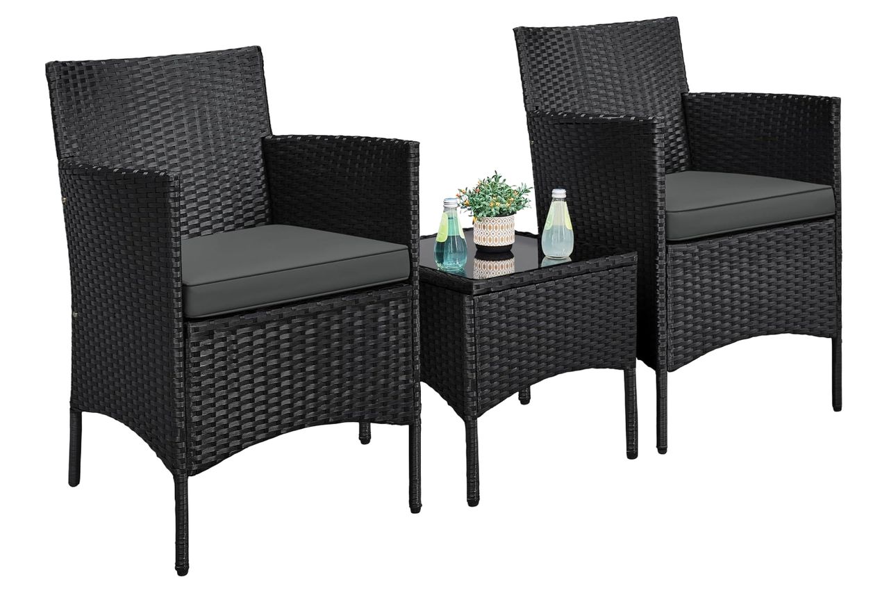 Yaheetech 3 Pieces Patio Porch Furniture Set, Outdoor PE Rattan Wicker Conversation Set with Soft Cushions, Glass Coffee Table & 2 Chairs for Garden/Deck/Courtyard/Poolside, Black/Gray Credit: Amazon
