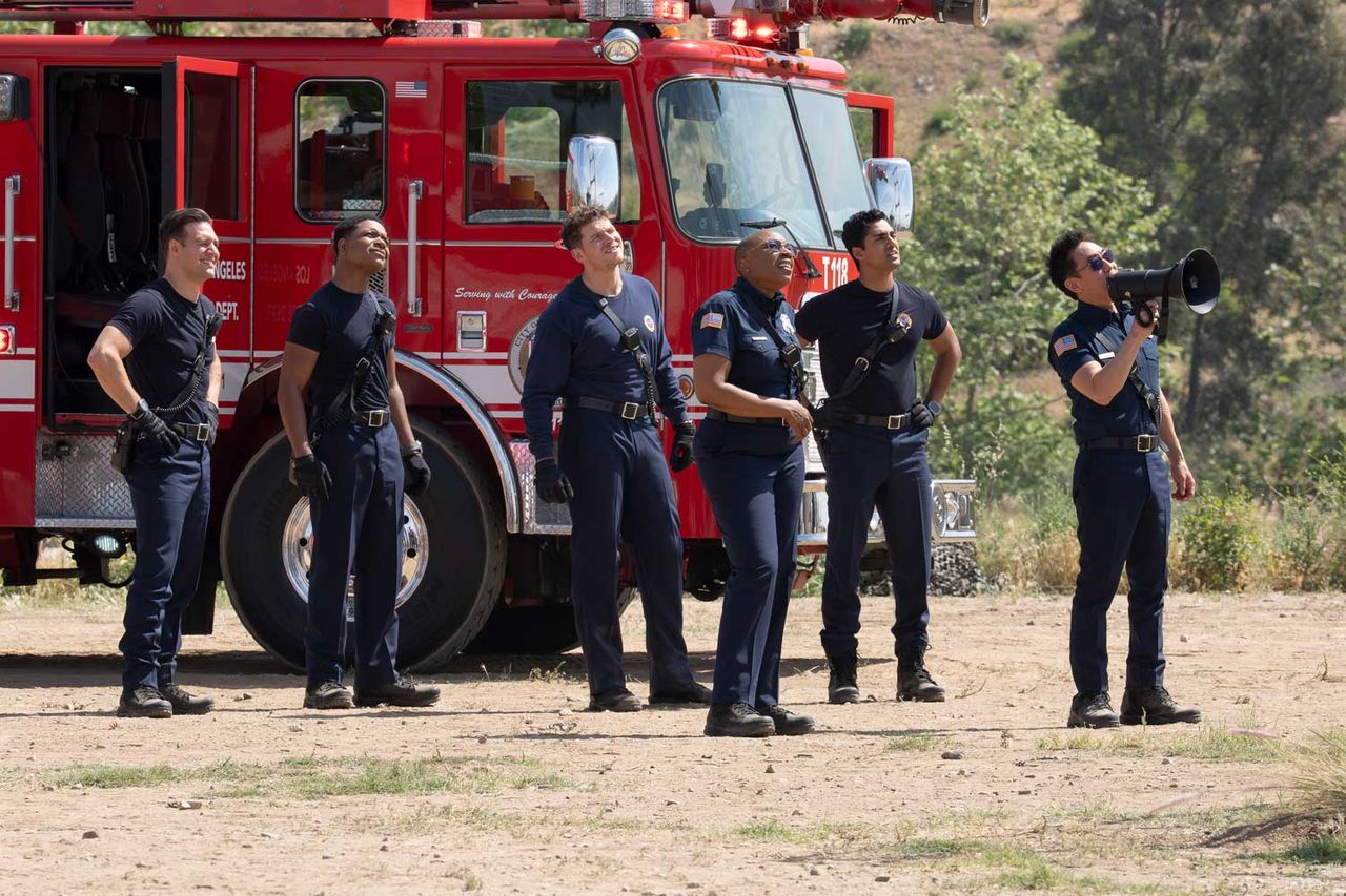 Ryan Guzman, Elijah M. Cooper, Oliver Stark, Aisha Hinds, Anirudh Pisharody and Kenneth Choi in ‘9-1-1’ showCredit: Christopher Willard/Disney