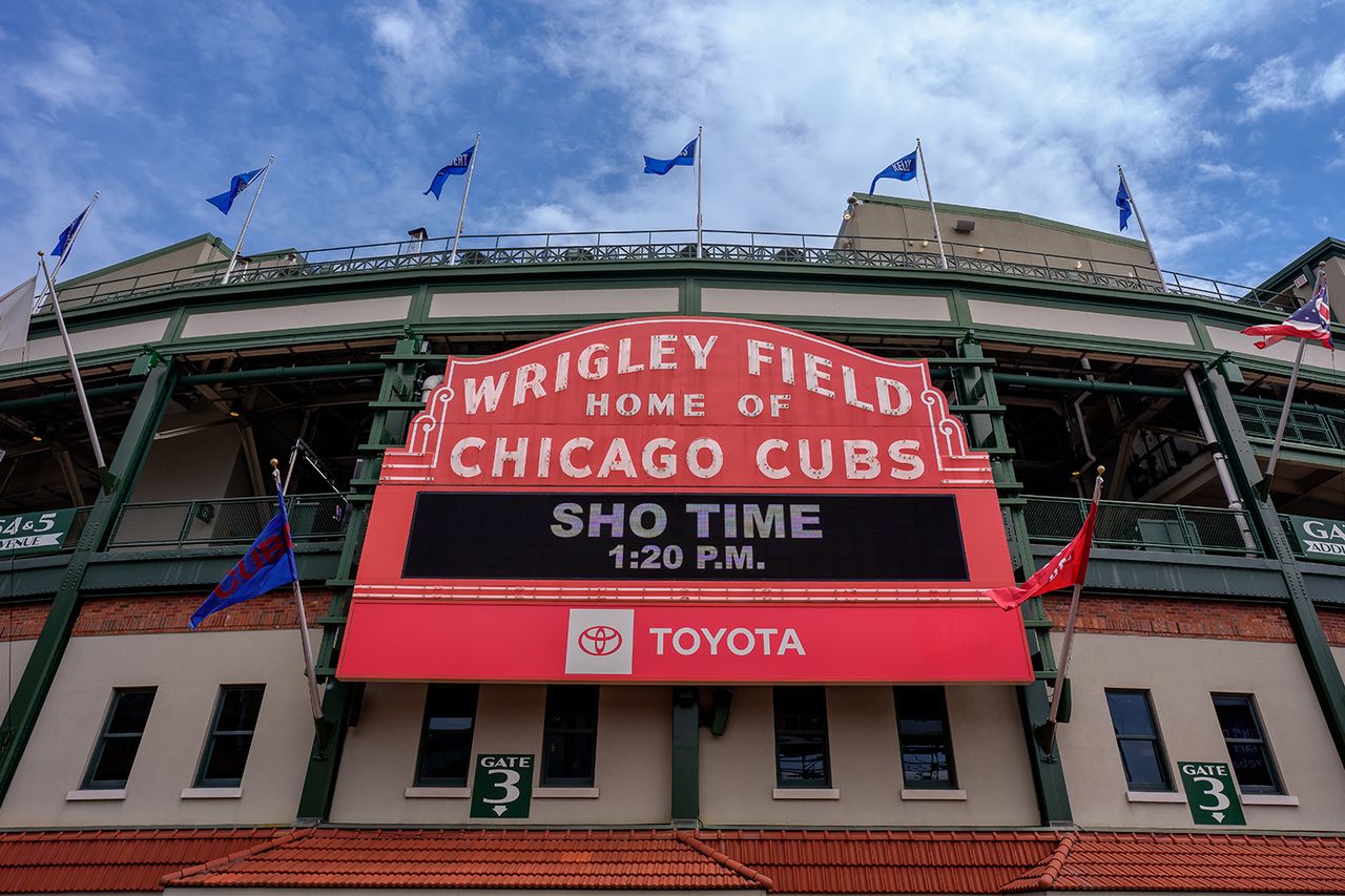 The Wrigley Field marquee displaying information about an event Wrigley FieldCredit: Dirksen/Chicago Cubs/Getty