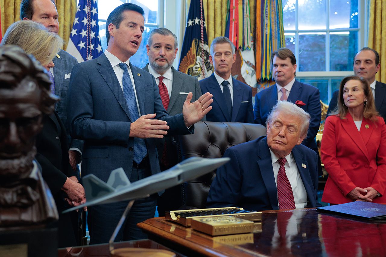 Sen. Bernie Moreno, R-Ohio, speaks as President Donald Trump listens in the Oval Office on Dec. 3, 2025.Credit: Chip Somodevilla/Getty