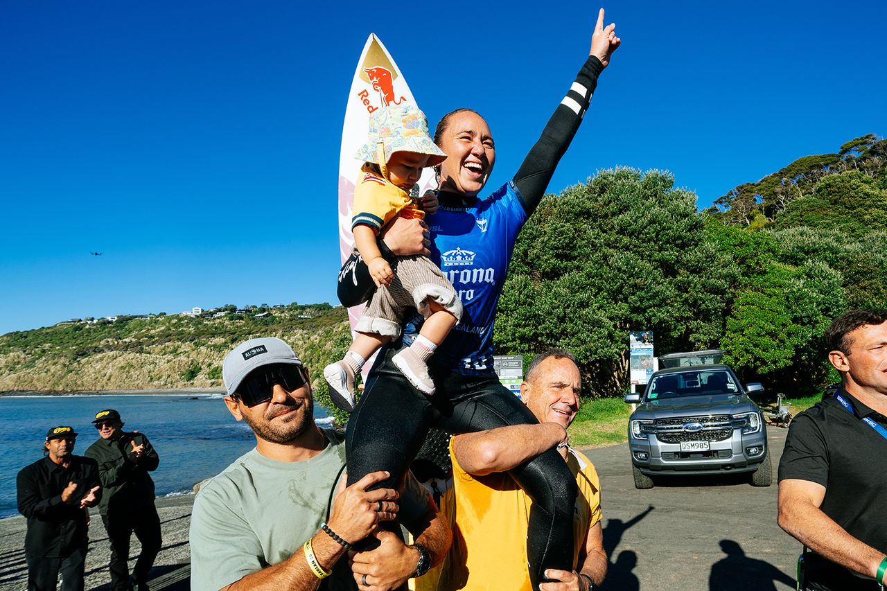 Carissa Moore celebrates her triumphant return to competitive surfing with a win at the Corona Cero New Zealand in May after welcoming her baby daughter.Credit: Rambo Estrada/World Surf League via Getty