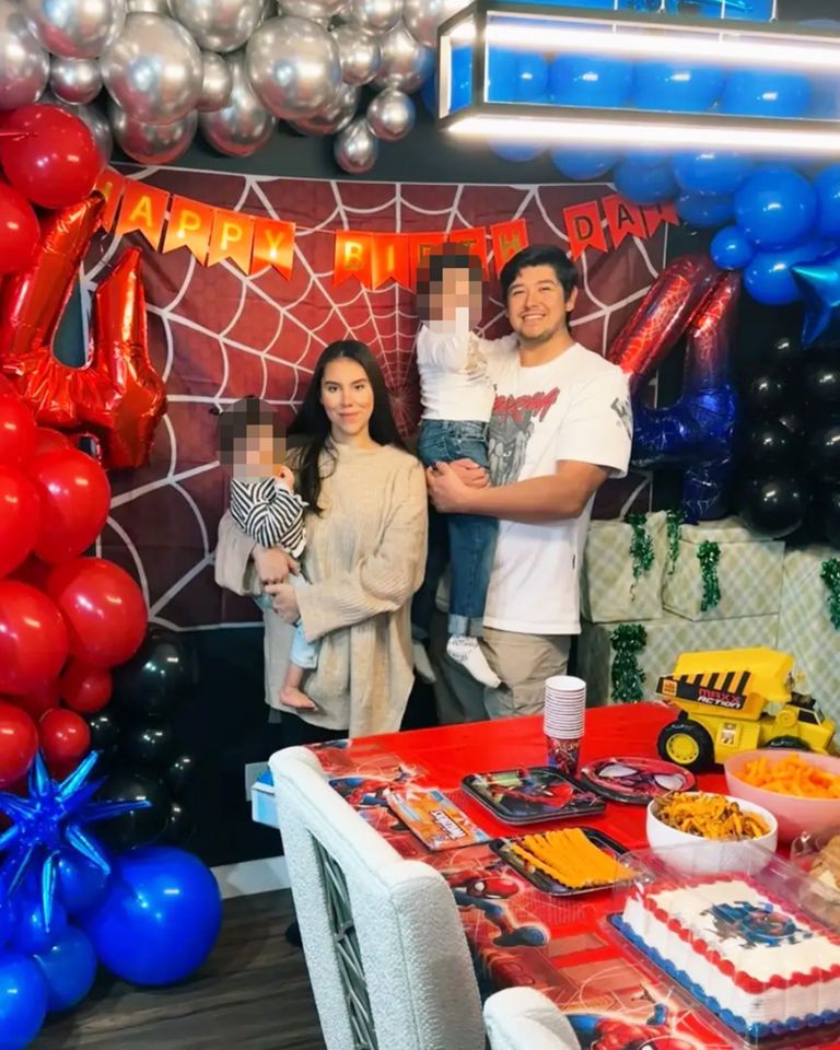 A family in a room with SpiderManthemed decorations and a birthday table setup Carolina Moreno, husband Jorge Carrera and their kids.Credit: Jorge Carrera