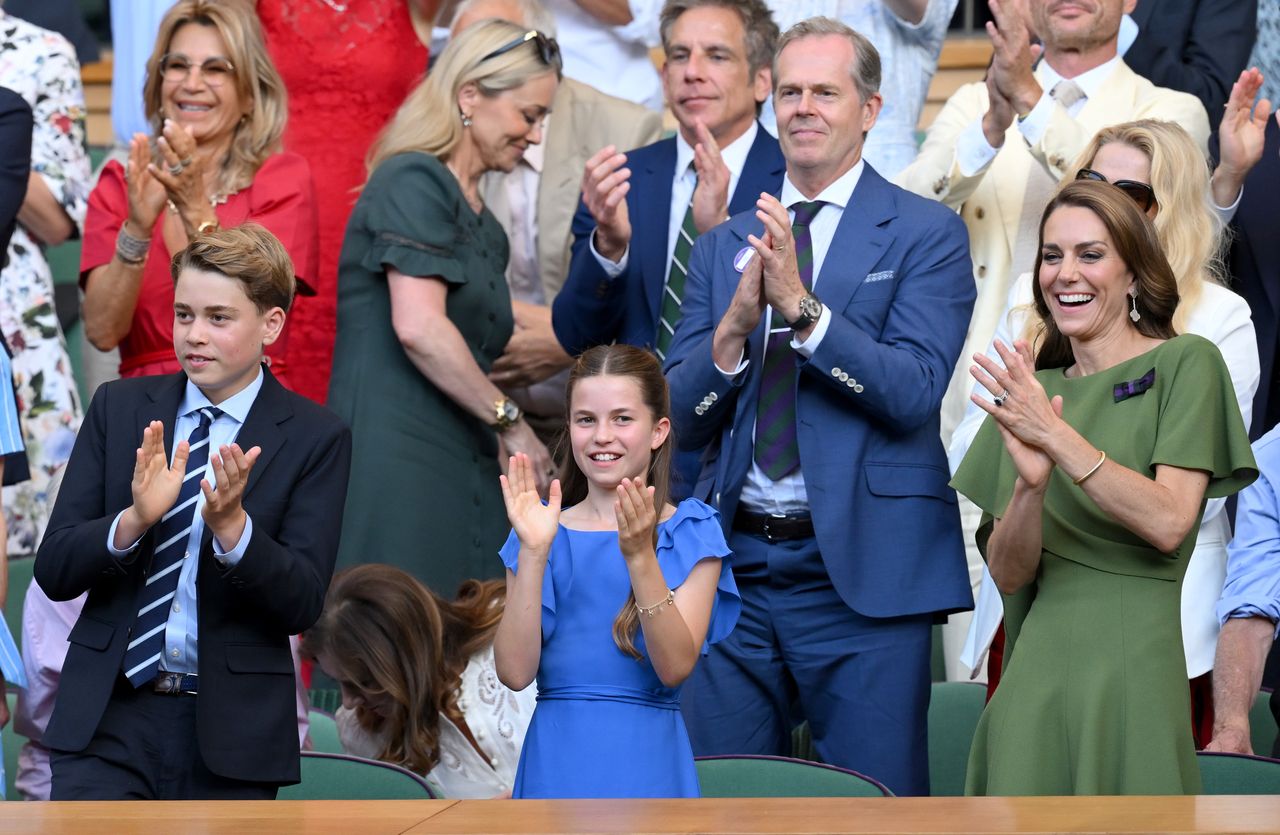 Prince George, Princess Charlotte, and Kate Middleton attend Day 14 of Wimbledon in London on July 12, 2026.Credit: Getty Images