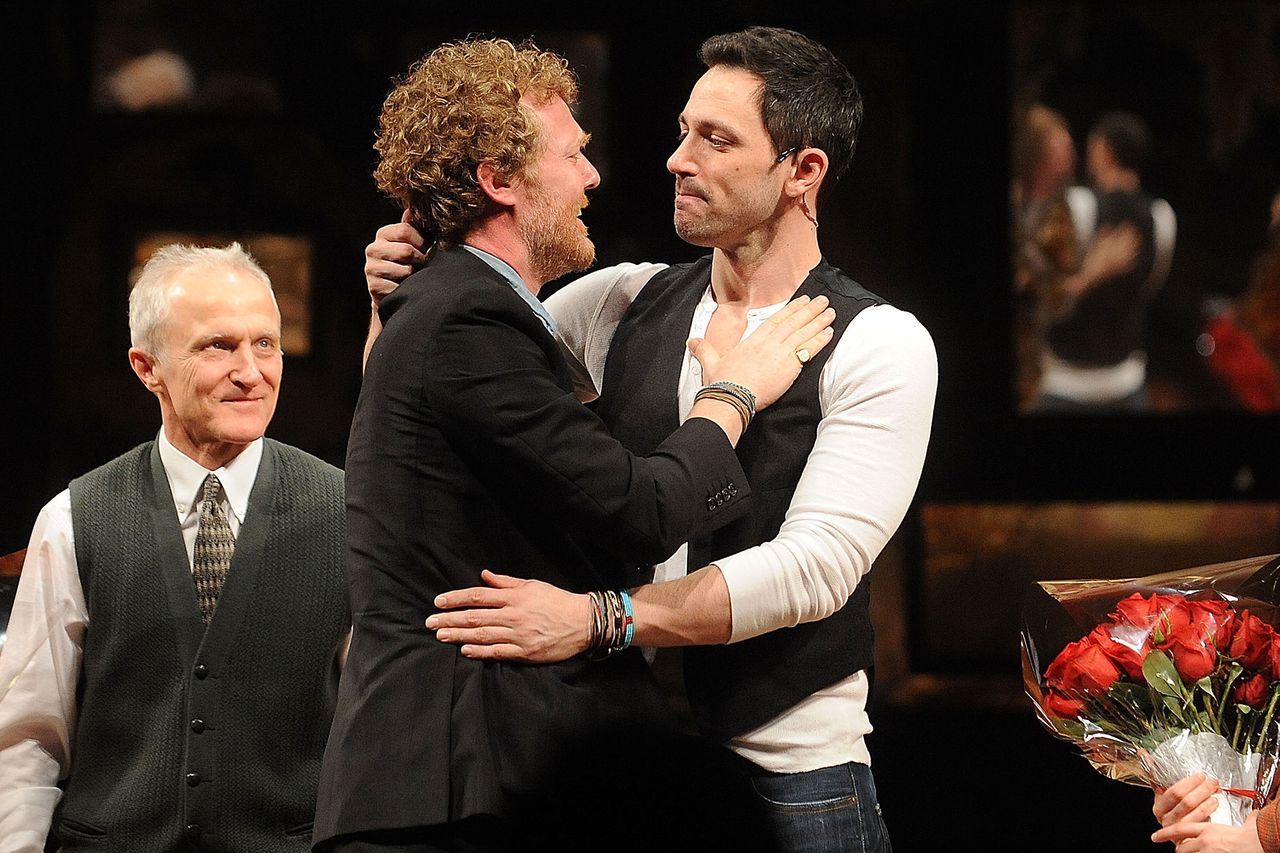 Glen Hansard and Steve Kazee share a hug on opening night of ‘Once’ on Broadway in March 2012Credit: Brad Barket/Getty