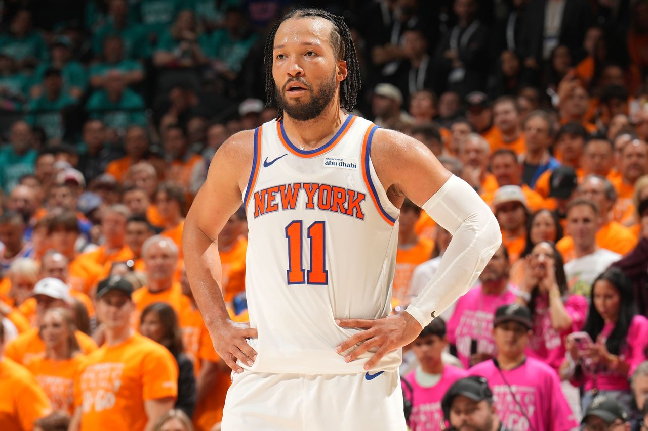 Jalen Brunson #11 of the New York Knicks looks on during the game against the San Antonio Spurs during Game One of the 2026 NBA Finals on June 3, 2026 at Frost Bank Center in San Antonio, Texas. Jalen Brunson during the June 3 NBA game in Texas.Credit: Jesse D. Garrabrant/NBAE via Getty