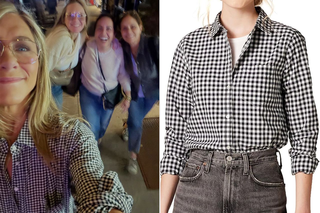 Jennifer Aniston, Amazon Essentials Women's Regular-Fit Long-Sleeve Button-Down Poplin Shirt Credit: Jennifer Aniston/Instagram; Amazon