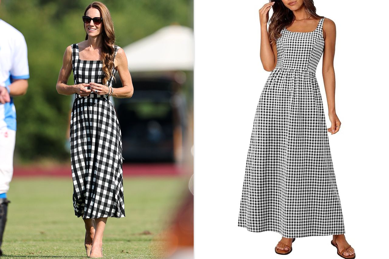 Catherine Princess of Wales, PRETTYGARDEN Women's 2026 Summer Spaghetti Strap Maxi Dresses Plaid Square Neck A Line Casual Beach Vacation Long Sundress Credit: Chris Jackson/Getty; Amazon
