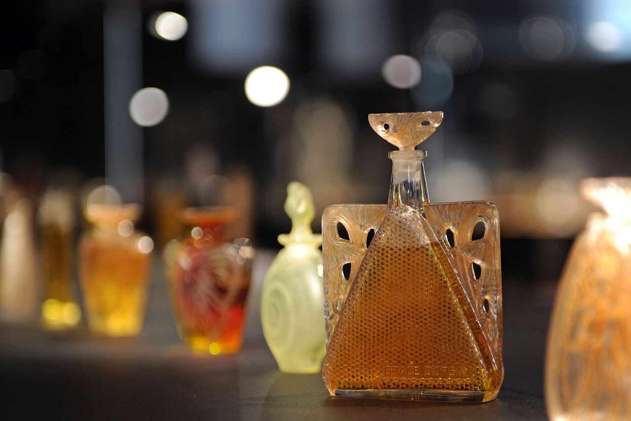 Perfume bottles created by French glass maker Rene Lalique are seen at the Lalique museum in Wingen-sur-Moder, eastern France, on June 23, 2011. The museum dedicated to Rene Lalique (1860-1945), will be inaugurated by French minister of Culture, Frederic Mitterrand, on July 1st. Credit: PATRICK HERTZOG/AFP via Getty