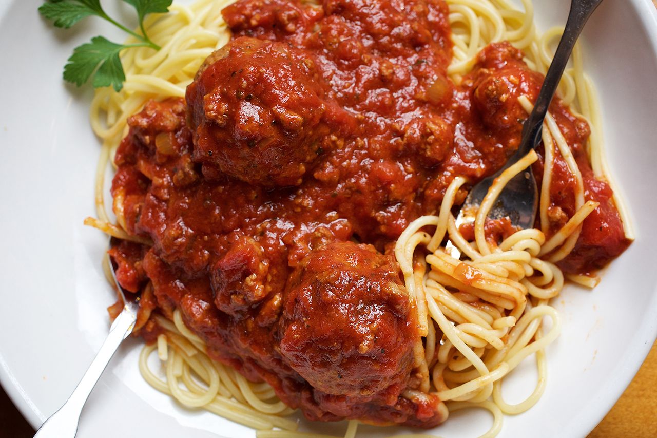 Spaghetti, Traditional Meat Sauce and Meatballs at Olive GardenCredit: Deb Lindsey For The Washington Post via Getty