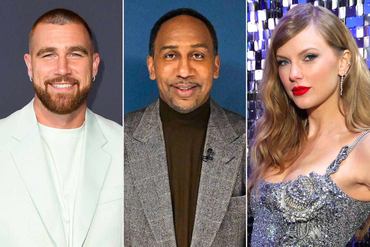 Travis Kelce (left); Stephen A. Smith (center); Taylor Swift (right)Credit: JC Olivera/Getty Images; Todd Owyoung/NBC/NBCU Photo Bank via Getty Images; Kevin Mazur/WireImage for Parkwood