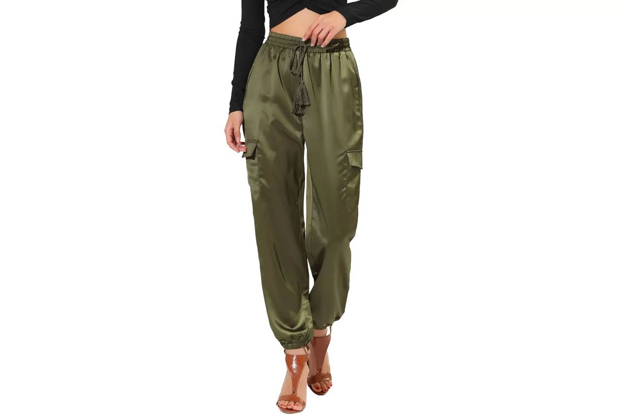 Allegra K Women's Drawstring Elastic High Rise Silky Satin Cargo Solid Pants Credit: Amazon