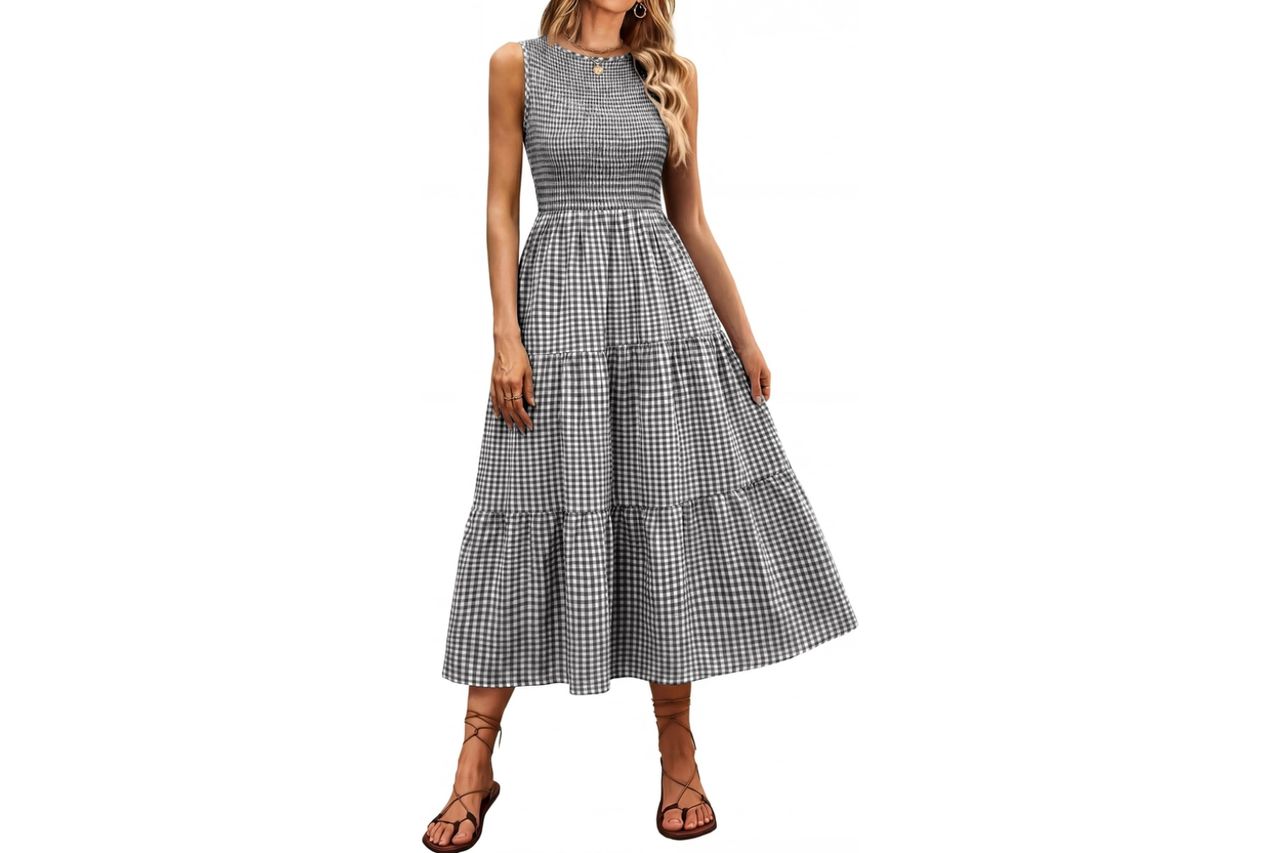 ANRABESS Women's Summer Casual Maxi Dress Sleeveless Crewneck Smocked 2026 Flowy Plaid Tiered Boho A Line Beach Long Sundress Credit: Amazon